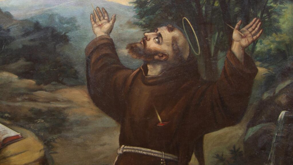 Detail of a painting of St. Francis of Assisi receiving the Sacred Stigmata that hangs inside St. Bonaventure Chapel, and originally was behind the altar at St. Francis of Assisi Church in Milwaukee.