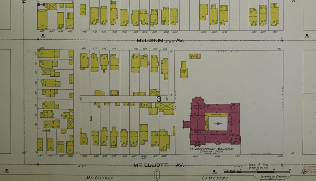 A Sanborn Fire Insurance Map from 1897 showing St. Bonaventure Monastery and neighboring buildings.